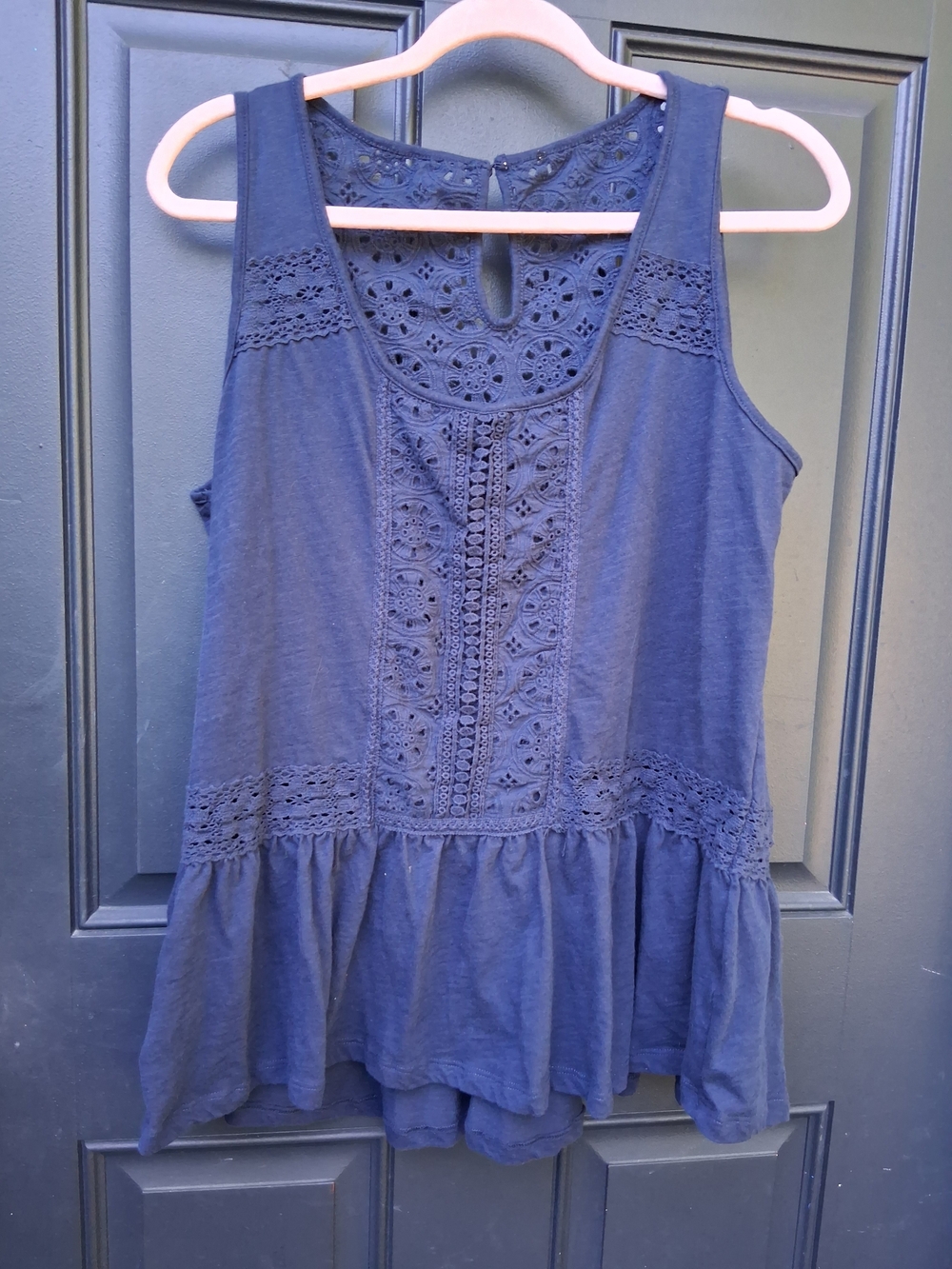 Crochet-Front Navy Peplum Tank Top